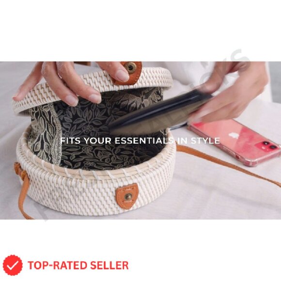 Round Rattan Crossbody Bag Handmade Boho Wicker Purse Lightweight Summer - Picture 8 of 8